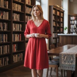 Classic Red V-Neck Midi Dress Womens Casual A-Line 3/4 Sleeve Minimalist Chic M